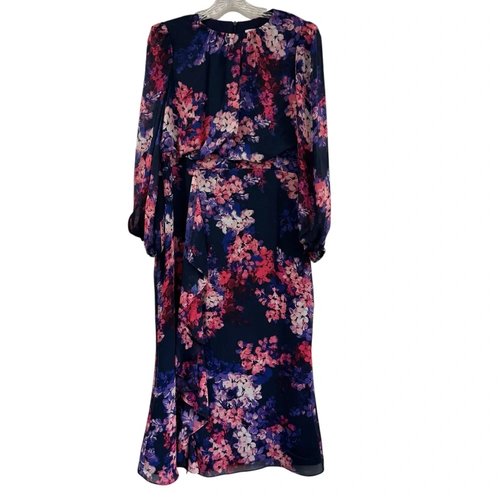 Eliza J Ruffled Long Sleeve Dress Slit Leg Size 14 Cocktail Floral Mother Bride - Picture 3 of 11